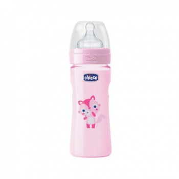 Bình Sữa Chicco Wellbeing Núm Silicone Dòng Chảy Thường Mèo Hồng 250ml